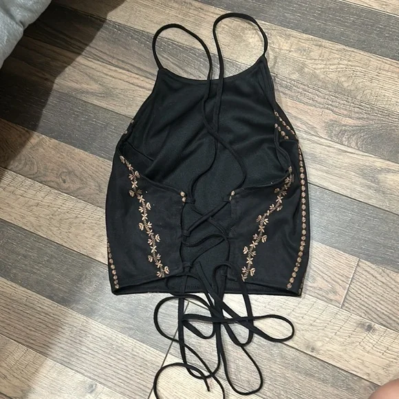 honey belle black embroidered suede open back halter top size small - Picture 5 of 9